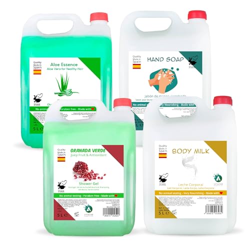 Pack con 4 Garrafas de Cuidado Personal Vitacab - Incluye Gel de Ducha Granada, Champú Aloe Vera, Jabón de Manos Eco Natura y Body Milk, Garrafas de 5L