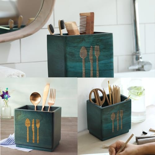 Image of Ellementry Blue Wood Utensil Holder| Spoon, Knife, Fork, Chopstick, Cutlery Holder /Organizer Stand for Kitchen & Dining Table| Multifunctional Spoon Stand | Handcrafted Table Organizer