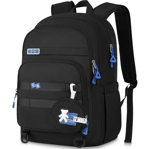 Black Backpack for Teens,School Backpack with Laptop Compartment,Laptop Backpack Fits 15.6Inch Notebook,Casual Bookbag for Men Women Boy Girl High School College Work Travel