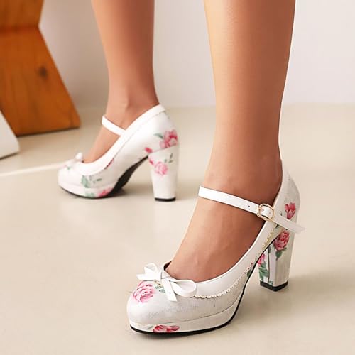 Image of FOREADA Lolita Bow Platform High Heel Women Rockabilly Mary Jane Dress Pump | Boasts soft kawaii retro vintage lolita tea party aesthetic, with block heel ,bow, round toe versatile style for dress wear