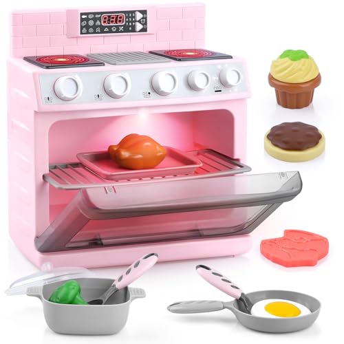 PLAY Toy Oven Kids Kitchen Playset, Kids Play Kitchen Set with 11 Accessories, Realistic Cooking Sounds ＆ Lights, Pretend Play Oven Toddler Cooking Gift Set for Girls Boys Ages 3+