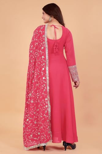Image of ROYALICA Women's Georgette Gown Set with Solid Pattern Floor Length Round Neck Fit & Flare Full Sleeves Gown Pant and Embroidery Work Dupatta | Anarkali Gown Set for Women