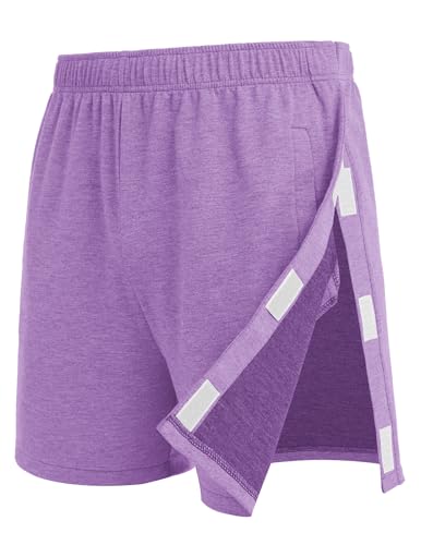 Deyeek Snap Tear Away Shorts for Men Post Knee Surgery Recovery After Hip Replacement Shorts Zipper Catheter Surgical Pants Purple