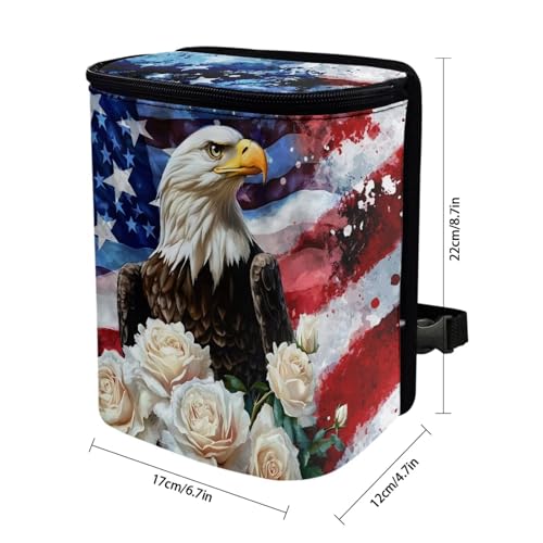 Image of Talayituse Eagle Rose American Flag Print Car Trash Can Portable Auto Garbage Bin Paint Splatter Multifunctional Vehicle Interior Accessories with Adjustable Straps Universal Fit Truck SUV Sedan