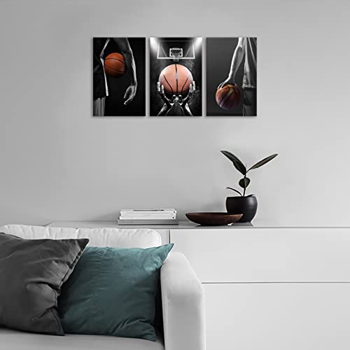 Kawahone -3 Pieces Basketball Art Prints Black And White Wall Art Antique Basketball And Low Angle View Basketball Hoop Sport Canvas Art For Bedroom Gym Room Decoration Boys Gift Framed-12X16Inx3Pc #TOP2
