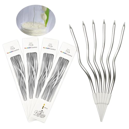 SHSMPXOY 24 Pièces Bougie Anniversaire, Argent Torsadées Bougies de Gâteau en Spirale avec Supports,Convient pour les Gâteaux,les Fêtes,les Mariages,les...