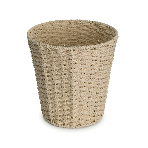 Wickerfield Round Wicker Waste Paper Bin Small Waste Bin for Bedroom Woven Waste Paper Basket Bins for Office Wicker Bedroom Bin Versatile Wastebasket for Rubbish Trash (Paper Rope Light Beige)