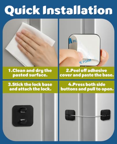Image of Maveek 4 Child Safety Fridge Lock, Childproof Lock for Cabinets and Drawers | Dual-Button Refrigerator Door Locks, Toilet, Closet, Dresser, Baby Proofing Latch, No Drill, Keyless, Strong Adhesive (Black)