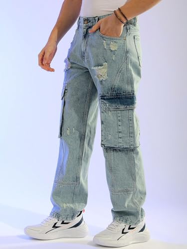 Image of The Indian Garage Co Men Relaxed Fit Solid Mid-Rise Cargo Denim