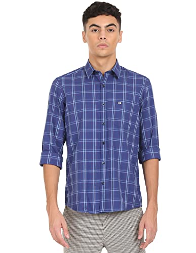Image of Arrow Sports Checkered Twill Slim Fit Casual Shirt Blue