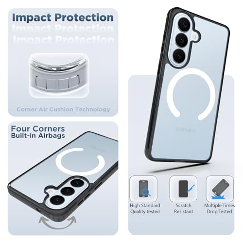 Image of RIGGEAR Shockproof Clear Hybrid Armor Magnetic Back Cover Case Compatible with MagSafe Accessories for Samsung Galaxy S26 (Clear-Black TPU Bumper + Transparent PC)(White)