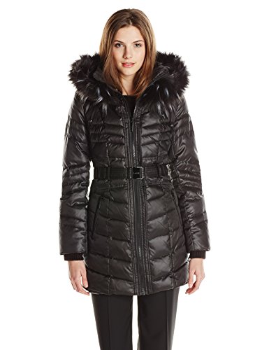 kensie Women's Matte Satin Belted Down Coat with Faux Fur Hood, Black, M
