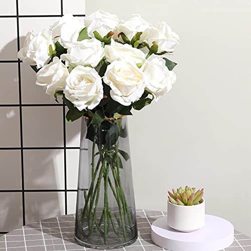 Cloudecor 15Pcs White Roses Artificial Flowers Fake Roses Long Stem Velet Rose Silk Flowers for Home Wedding Decoration (Round Roses,Cream White)