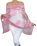 ZiiCi Wedding Wrap Spring Shawl Sheer White Scarf Formal Evening Wrap Plus Size Off the Shoulder Top Dressy Women's Poncho Summer Stole (Pink Floral with White Organza)