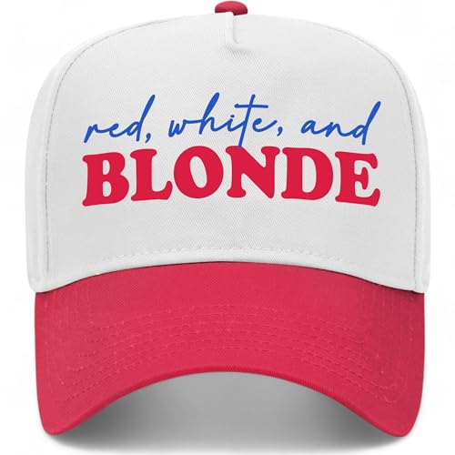 Red White and Blonde Vintage Trucker Hat | 4th of July USA America Party | Premium Snapback Baseball Hat for Men & Women (US Alpha One Size Red/White)