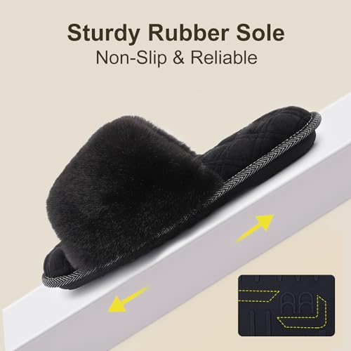 LongBay Women's Open Toe Slippers Fuzzy Fluffy Memory Foam Comfy Slip On Indoor Bedroom Home Slide (Medium / 7-8, Black)