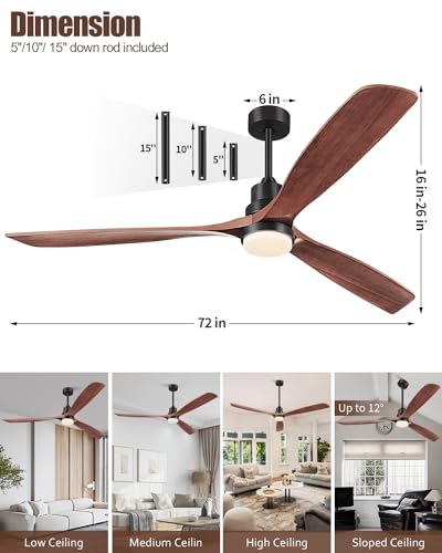 Image of Ceiling Fans with Lights and Remote, 72 Inch Outdoor Ceiling Fan with Light, 3 Downrods, ETL Listed, 3 Blades and 6 Speed Large Ceiling Fans Quiet DC Motor for Patio Farmhouse, 72in,Walnut