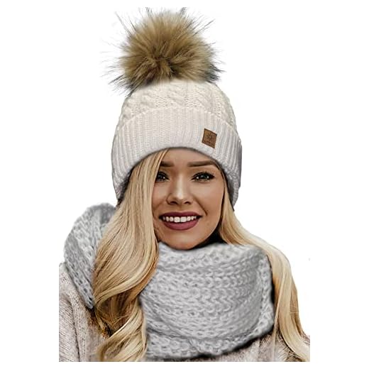 4sold Dam vinter ribba handgjord stickad mössa och halsduk Mohair ull mössa med tjock fuskpäls tofs på insidan mysig fleece foder, Set halsduk och hatt Carla Ecru, en storlek