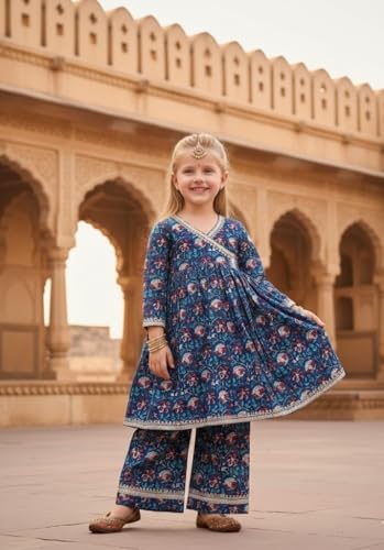 Image of A.T.U.N. (ALL THINGS UBER NICE) Girls Premium Cotton Kurti Sharara Combo Set | Vibrant Ethnic Traditional Print | Comfortable Festive Cultural Outfit for Kids