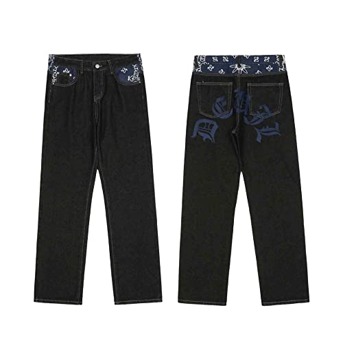 American Vintage Men's Jeans Gothic Panel Contrast Letter Print Jeans Men's Loose Wide Leg Casual Straight Pants (Blue+Black,S)