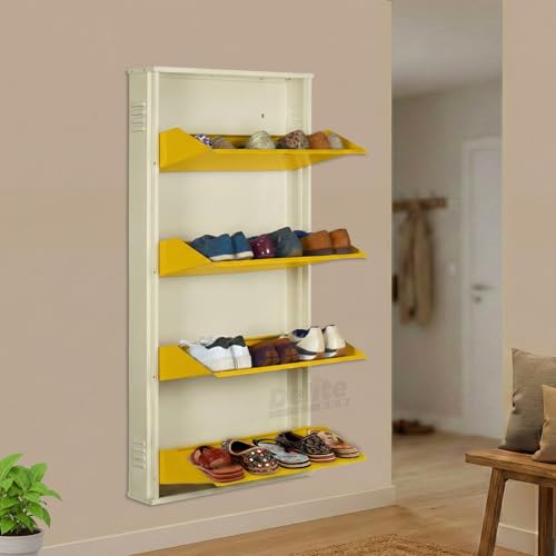 Image of Delite Kom 24 Inch Wide, 4 Shelf Metal Shoe Rack Wall Mounted for Home with Central Lock Holds Upto 12 Shoes or 20 Slippers Pair | 1 Year Warranty | (54 x 24 x 5 Inch, Ivory Yellow) | DIY Space Saving