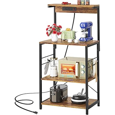 Topfurny Baker’s Rack, Kitchen Microwave Stand with Power Outlet, 4 Tiers Coffee Bar Table Kitchen Utility Storage Shelf for Kitchen Dining Room Spices, Pots and Pans Organizer, Rustic Brown Cover