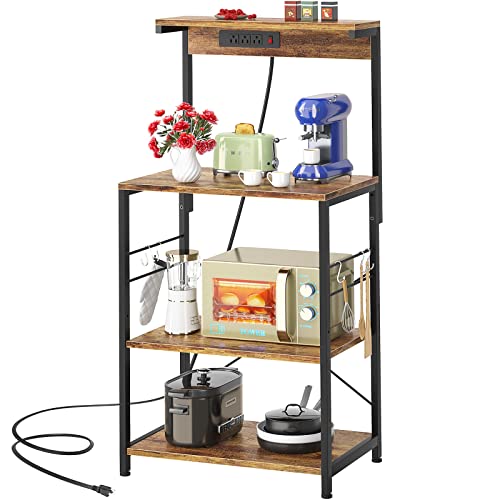 Topfurny Baker’s Rack with Power Outlet, Kitchen Microwave Stand, 4 Tiers Kitchen Storage Rack Coffee Bar Table with 5 Hooks, Kitchen Organizer Shelves for Spices, Pots and Pans, Rustic Brown Topfurny Baker’s Rack with Power Outlet, Kitchen Microwave Stand, 4 Tiers Kitchen Storage Rack Coffee Bar Table with 5 Hooks, Kitchen Organizer Shelves for Spices, Pots and Pans, Rustic Brown