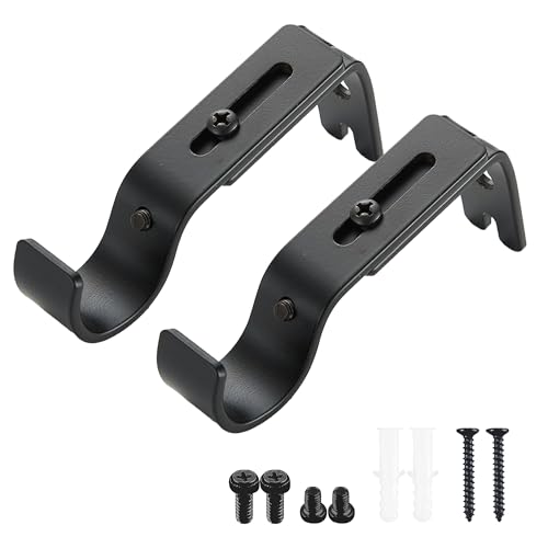 GEMMAHW Black Iron Curtain Pole Brackets (Pack of 2), Adjustable Curtain Pole Wall Hooks for 25mm Rods, Wall Mount Curtain Rail Brackets with Screws, Secure Support