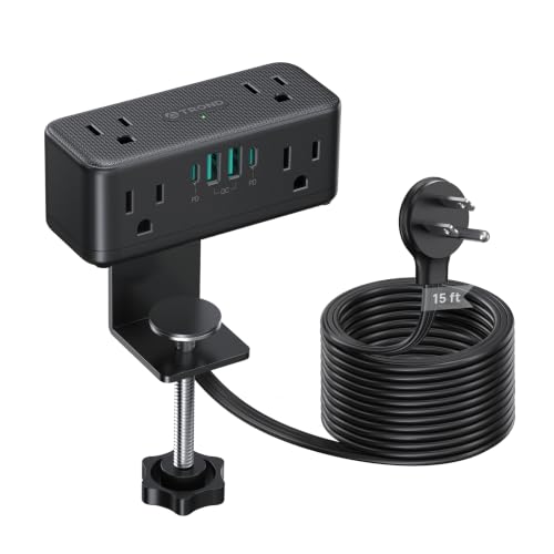 Image of TROND Compact Desk Clamp Power Strip 15 ft, Fit 2.16 inch Tabletop Edge, Black