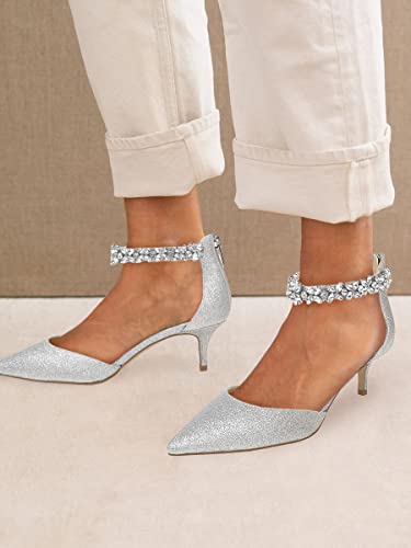 Guayonng Womens Pointed Toe Kitten Heels Pumps Cut Out Ankle Strap Rhinestone Zipper Low Heel Ladies Wedding Party Dress Shoes Silver #TOP5