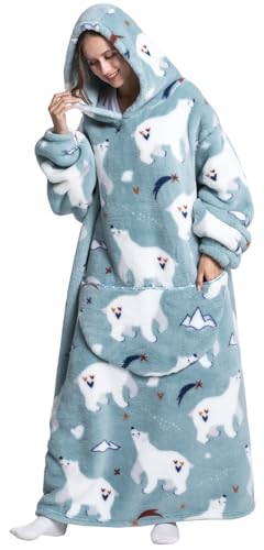 Rcbmn Extragrande Hoodie Sudadera Batamanta Para Mujer Hombre, Bata Manta Oversized Con Estampado Cómoda Sudadera Con Capucha Oso Polar-Extra Largo