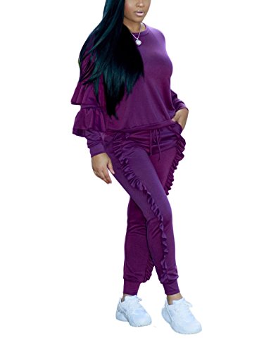 image for KANSOON Women 2 Pieces Outfits Puff Sleeve Top and Long Flounced Pants