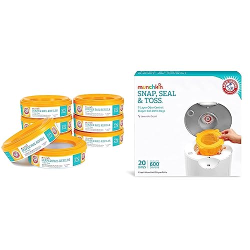 Image of Munchkin Arm & Hammer Diaper Pail Refill Rings, 2,176 Count, 8 Pack (272 Count each) & Arm and Hammer Diaper Pail Snap, Seal and Toss Refill Bags, Holds 600 Diapers, White 20 Count