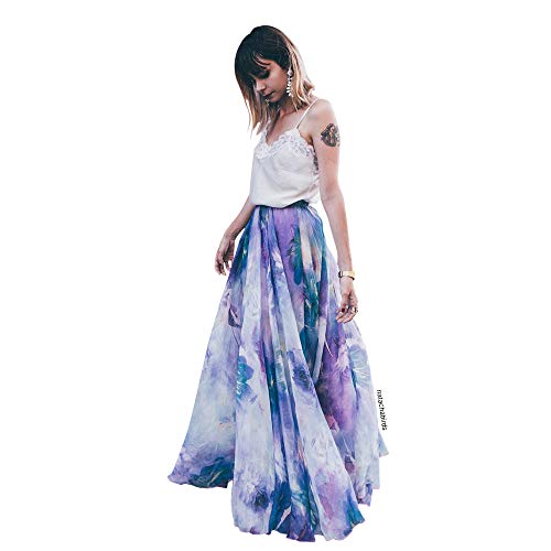 Chicwish Women's Watercolor Violet Purple Flower Maxi Floral Chiffon Slip Skirt