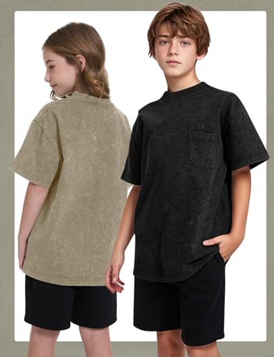 Image of COZYPOIN Unisex Kids Vintage Acid Wash Cotton Tees Crew Neck 3-16Y | 100% Cotton Boys Oversized T Shirt, Crew Neck, Short Sleeve, Front Pocket, Vintage Acid Washed Kids Tees for Boys Girls