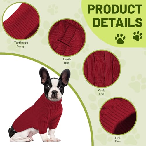 Image of Small Dog Thermal Pullover Sweater, Classic Turtleneck Cable Knitwear Dog Clothes for Cold Weather Warm Pet Clothes for Chihuahua, Bulldog, Dachshund, Pug Red Large