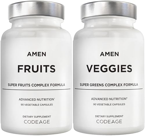 Amen Fruits + Veggies Vitamins Bundle, Raw Whole Food Multivitamin Capsules, Greens Vegetables, Red Fruits & Berries Vegan Blend, Fibers + Phytonutrients Superfood Minerals Supplement, Non-GMO, 180 ct