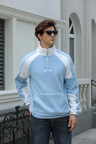 ZAFUL Men's Polar Fleece Sweatshirt NEW YORK Embroidered Quarter Zip Kangaroo Pocket Colorblock Stand Collar Pullover (0-Sky Blue, M)3