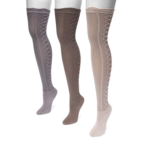 MUK LUKS Women's 3 Pair Pack Lace Texture Over the Knee Socks - Neutral