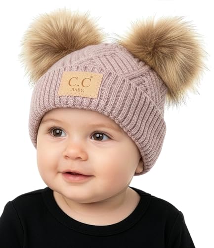 Image of Funky Junque Double Pom Pom Baby Beanie – Newborn Girl Winter Hat 0–12 Months, Cute Cozy Knit Infant Beanies for Cold Weather