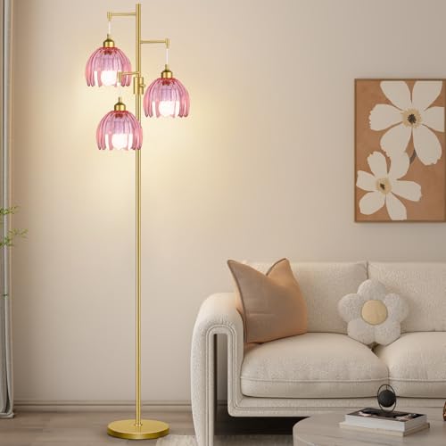 Image of ZECOXOL Gold Floor Lamps for Living Room Vintage Pink Floor Lamp with Glass Lmapshape & Three Led Bulb,Dimmable Mid Century Modern Standing Lamp Tall Tree Flower Floor Lamps for Bedroom,Office,Corner
