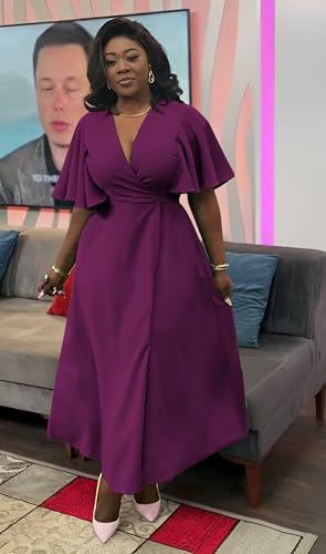 Image of Summer Dresses for Women Semi-Formal Fit Casual Short Ruffle Sleeve V Neck Elegant Swing Split Long Maxi Dresses