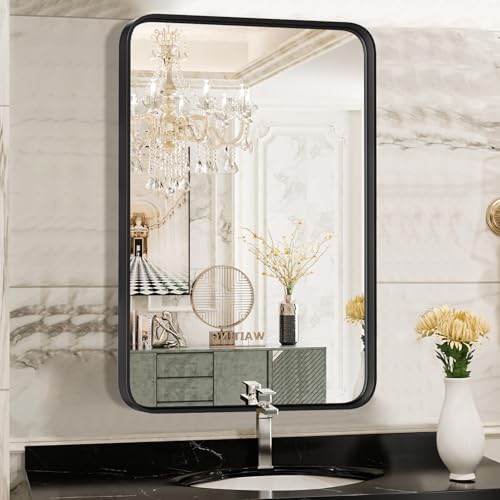 Sweetcrispy Black Bathroom Vanity Mirror for Wall, 22x30 Inch Metal Framed Wall Mirror Farmhouse Rectangle, Anti-Rust, Tempered Glass, Hangs Horizontally or Verticall