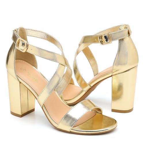 Image of Trary Women's Block Chunky Heel Sandals for Women Open Toe Adjustable Cross Ankle Strap Dress Shoes Walking Wedding Evening Bridal Heels
