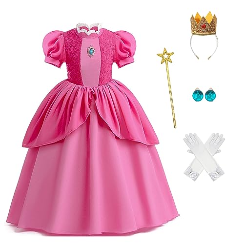 JingDan Princess Costume Dress for Girls Halloween Costumes Cosplay Dress Up Outfit with Crown Star Wand Gloves Earrings Size-100 Pink