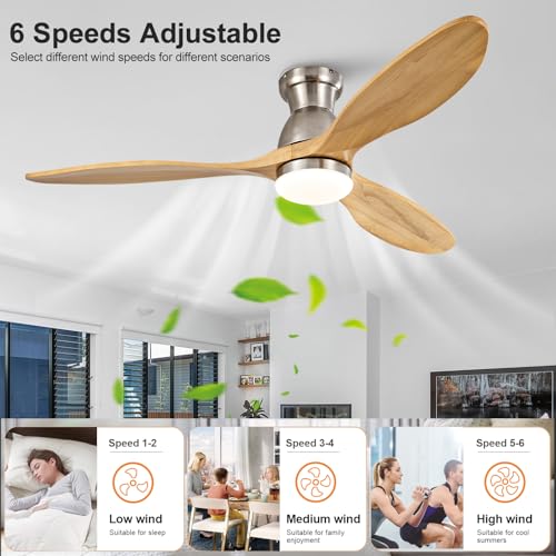 Image of Dimmable 52 Inch Flush Mount Ceiling Fans with Lights and Remote, 3 Blade Wood Bedroom Ceiling Fan with Lights Low Profile Ceiling Fan with Light Brushed Nickel Outdoor Ceiling Fans for Patios