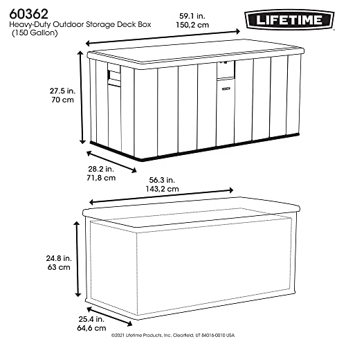 لايف تايم صندوق سطح بسعة 150 جالون (567.8 لتر)، 150.2 طول × 71.8 عرض × 70 سم ارتفاع، تخزين خارجي للحديقة والجراج وحمام السباحة، مقاوم للطقس مع غطاء ومقابض جانبية، ضمان محدود لمدة 10 سنوات، LFT-60362