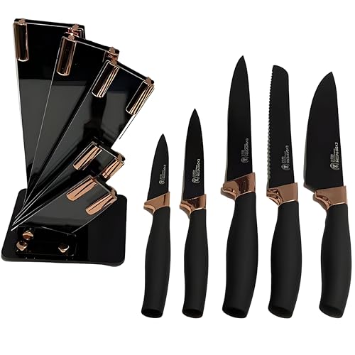 Retoo Couteaux de Cuisine 5 Set Couteau Cuisine en Acier Support Couteaux Bloc Couteau Cuisine Professionnelle avec Support Couteaux de Chef Professionel Ultra Sharp Noir