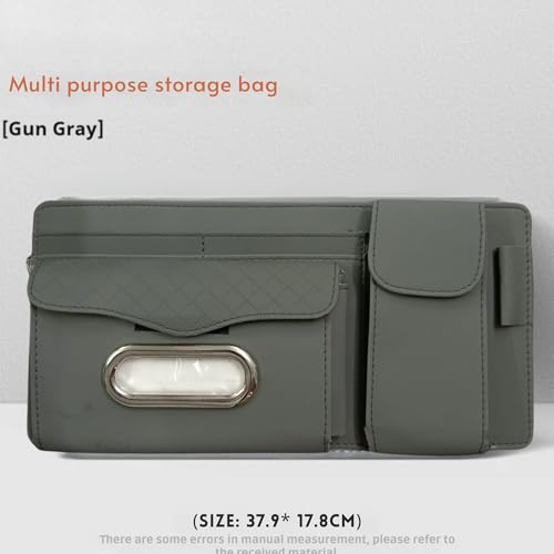 Image of DETACHI Car Sun Visor Organizer with Tissue Paper, Sunglass Pen Card Small Document Storage Pouch & Phone Holder, Leatherette, Multi-Pocket with Zipper Net-(Grey, 18X3X37CM)