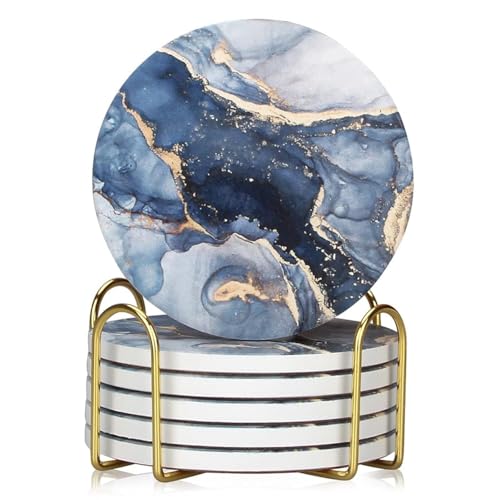6 Pcs Navy Blue Marble Abstract Ceramic Coasters with Holder Best Absorbent Drink Coasters Round Ceramic Table Coasters Set Decorative Coffee Cup Beverage Coasters Wine Beer Bar Coasters